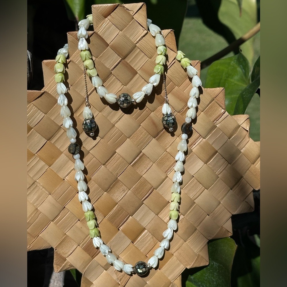Pua Pakalana, Pīkake, & Paua Flower Jewelry Set w/ .925 Sterling Silver Handmade